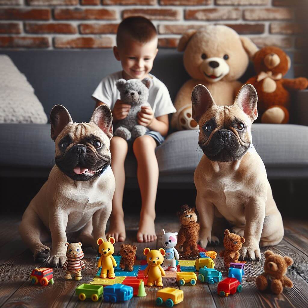 Exotic French Bulldogs playing games with child