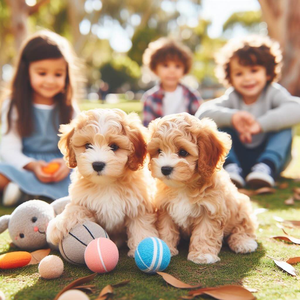 cavoodle puppies playing with kids