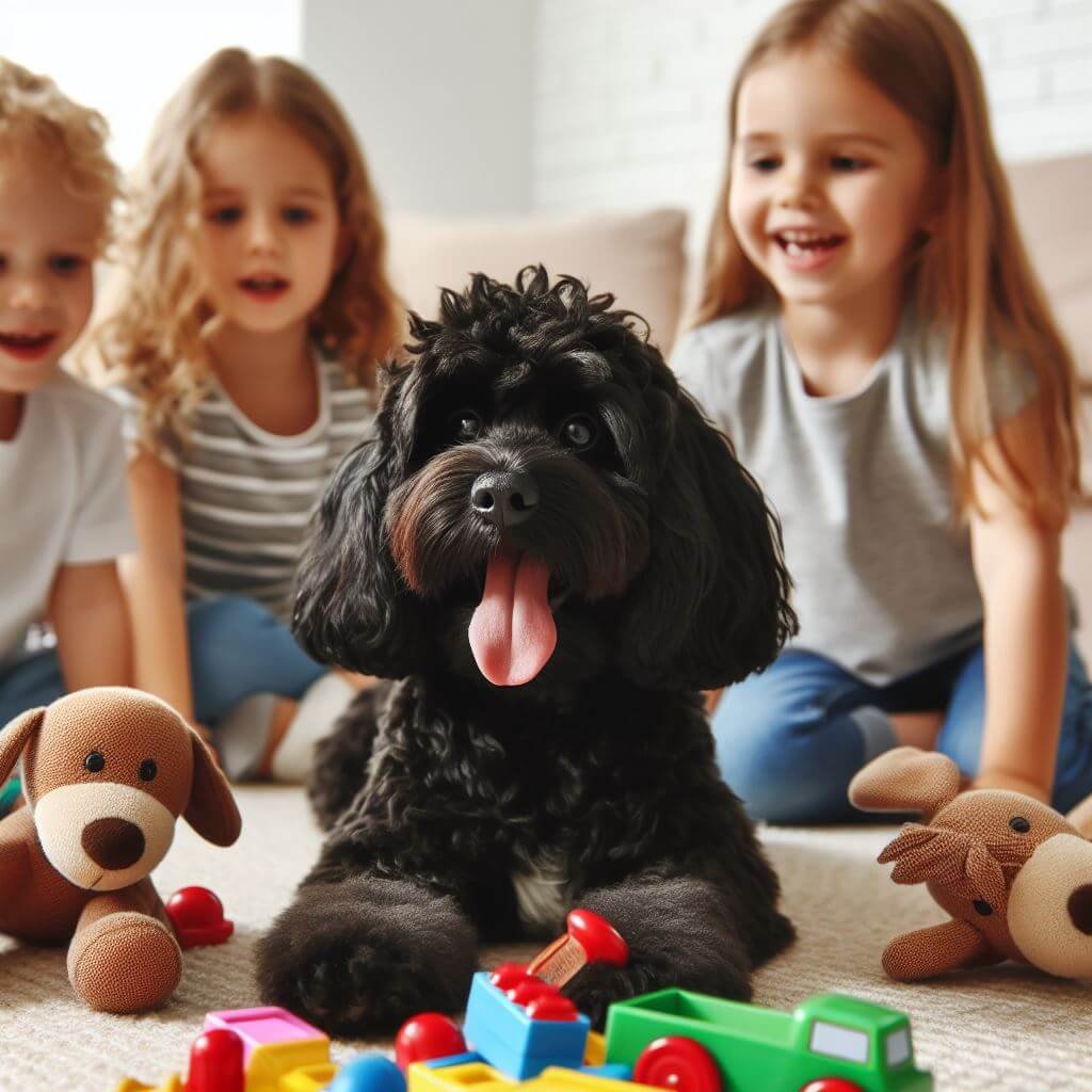 Black Cavapoo Dog are Playing Game with Kids