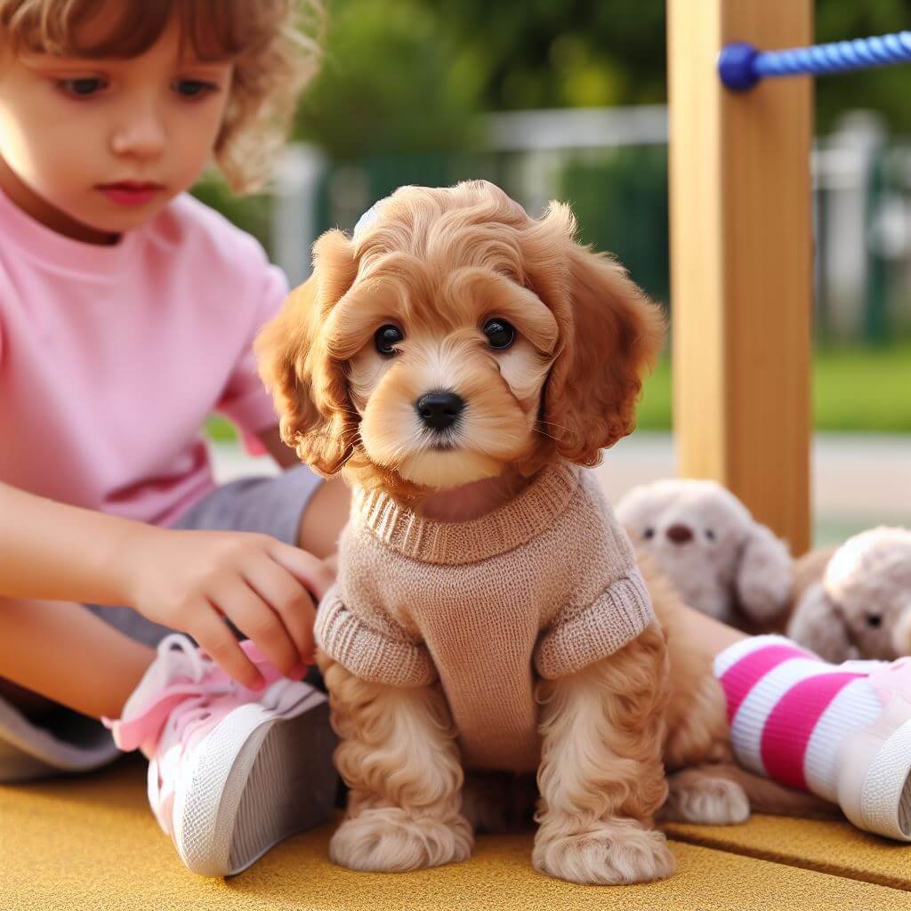 Apricot Cockapoo Puppies are Playing with child