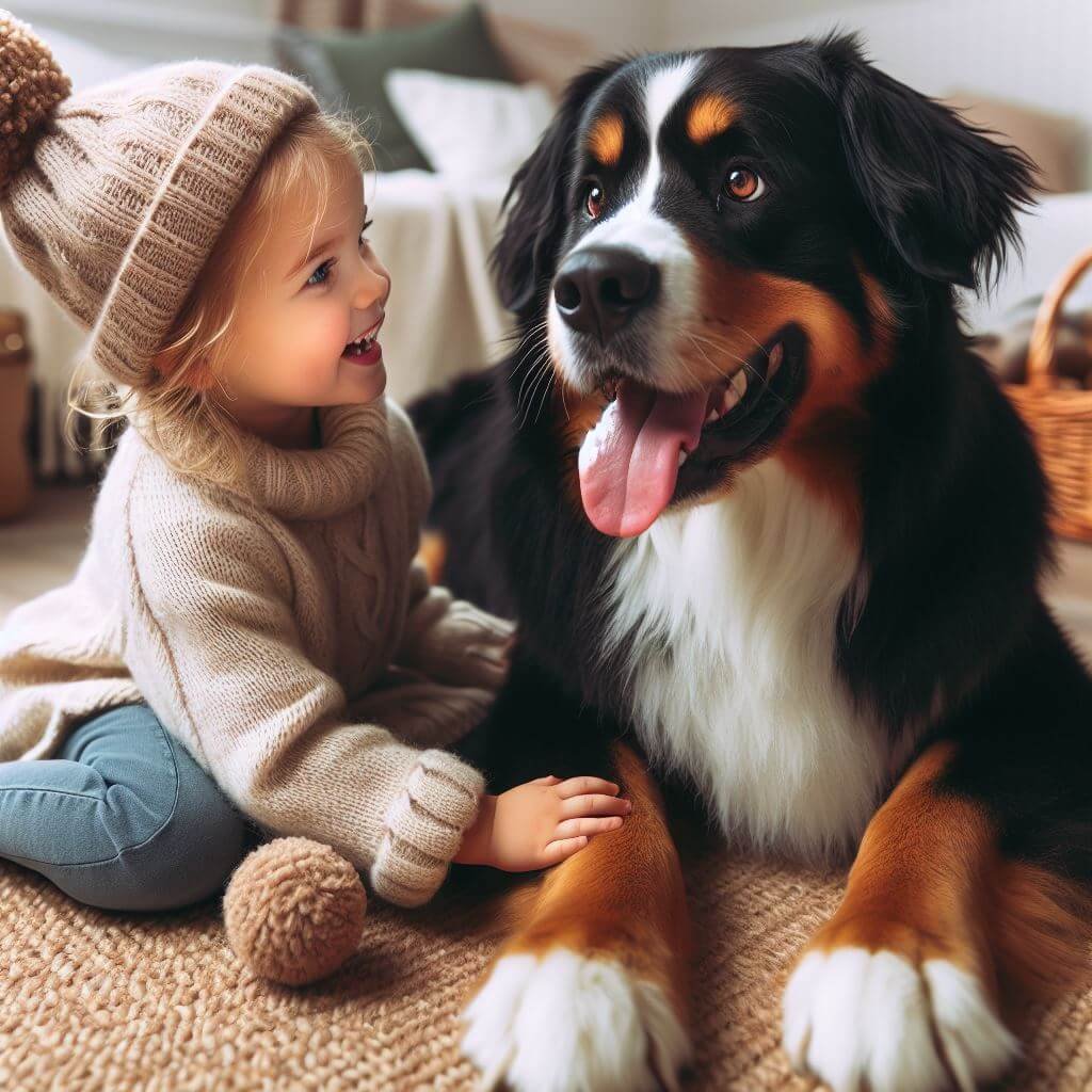 Bernese Mountain Golden Retriever Mix playing with Child