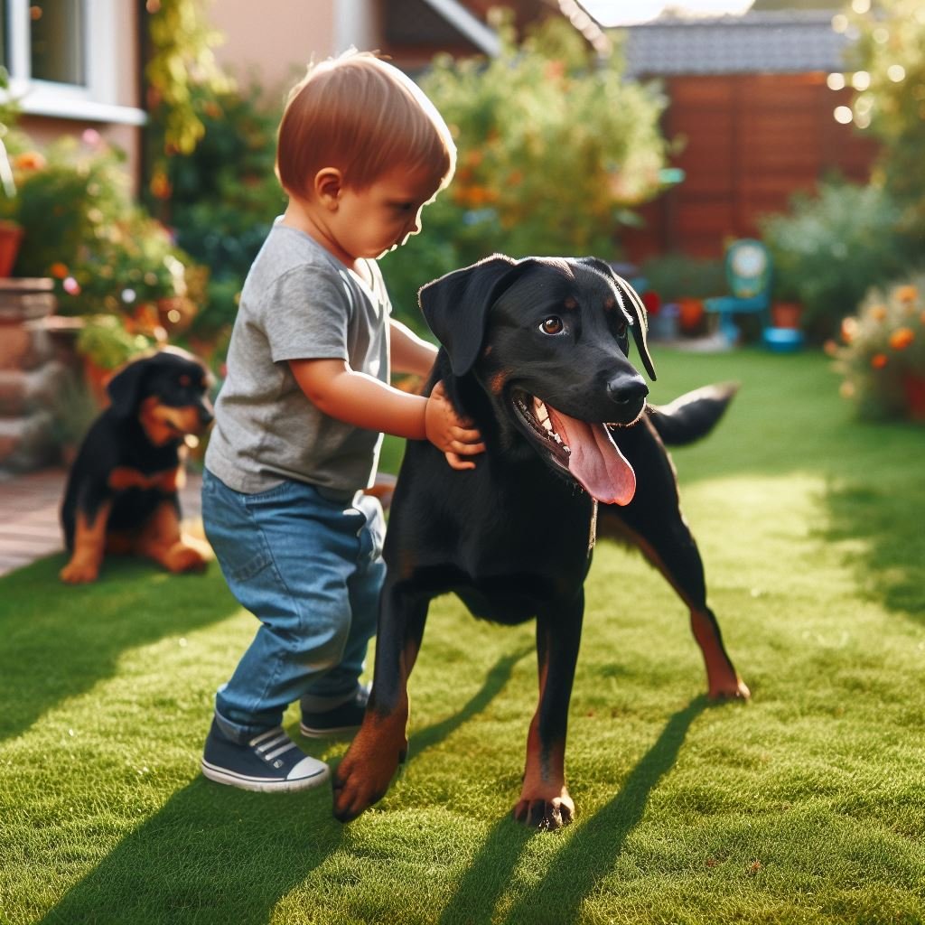 Black Lab Mixed with Boberman playing with Child
