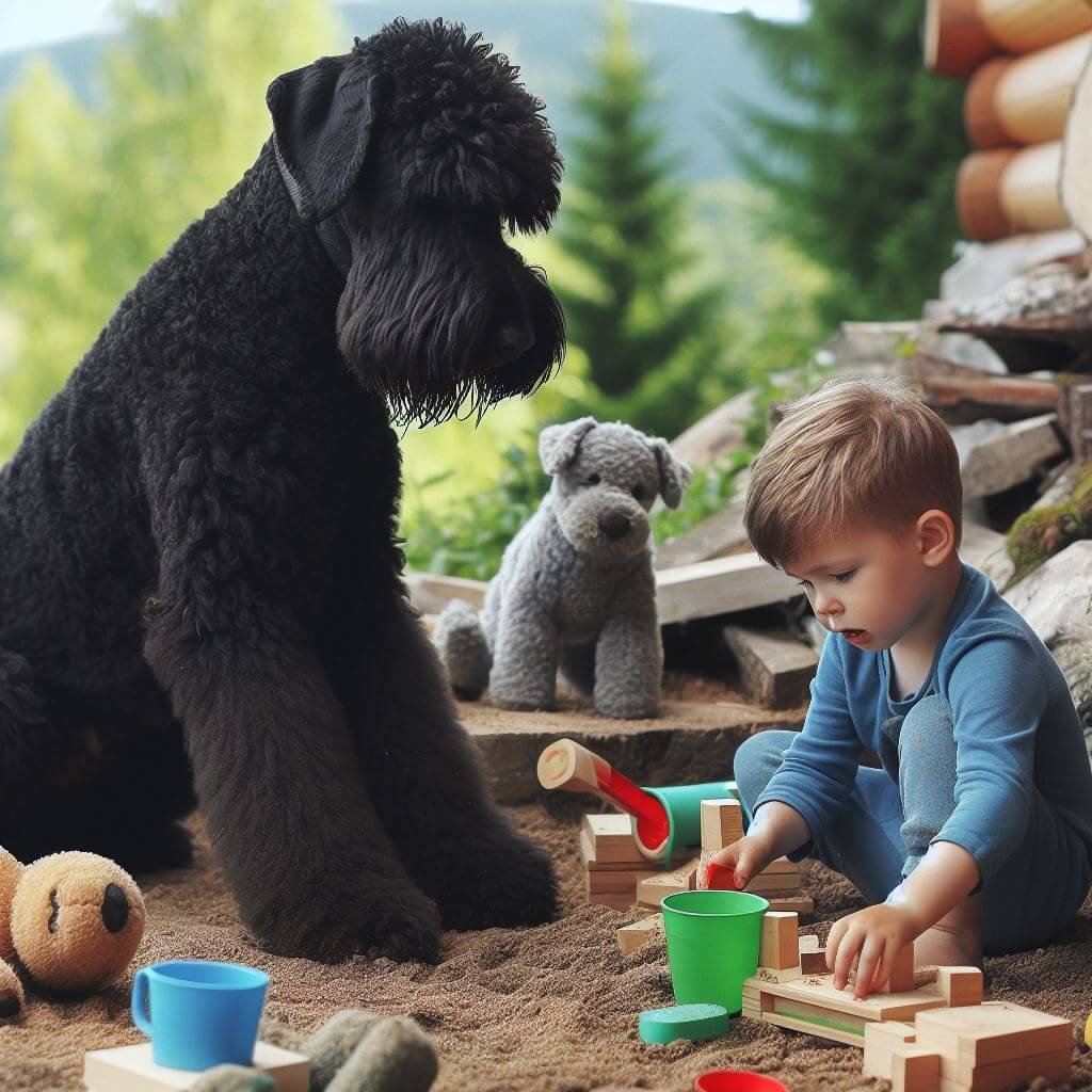 Black Russian Terrier are Playing with child