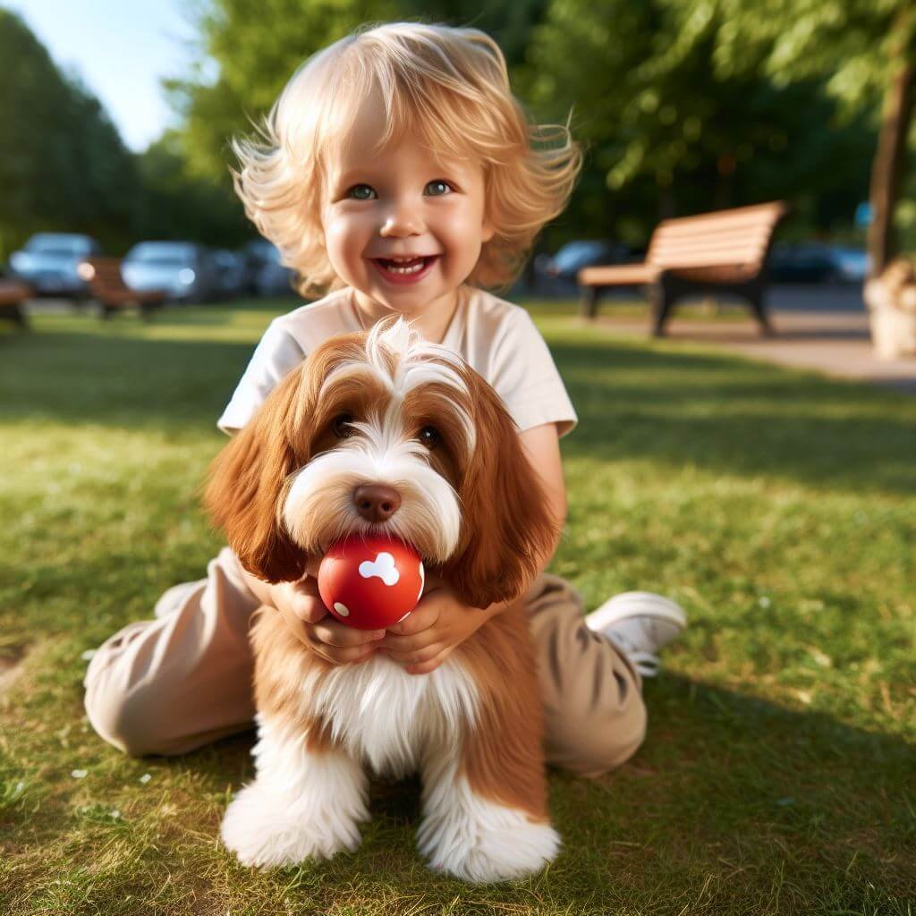Brown Cockapoo playing with child