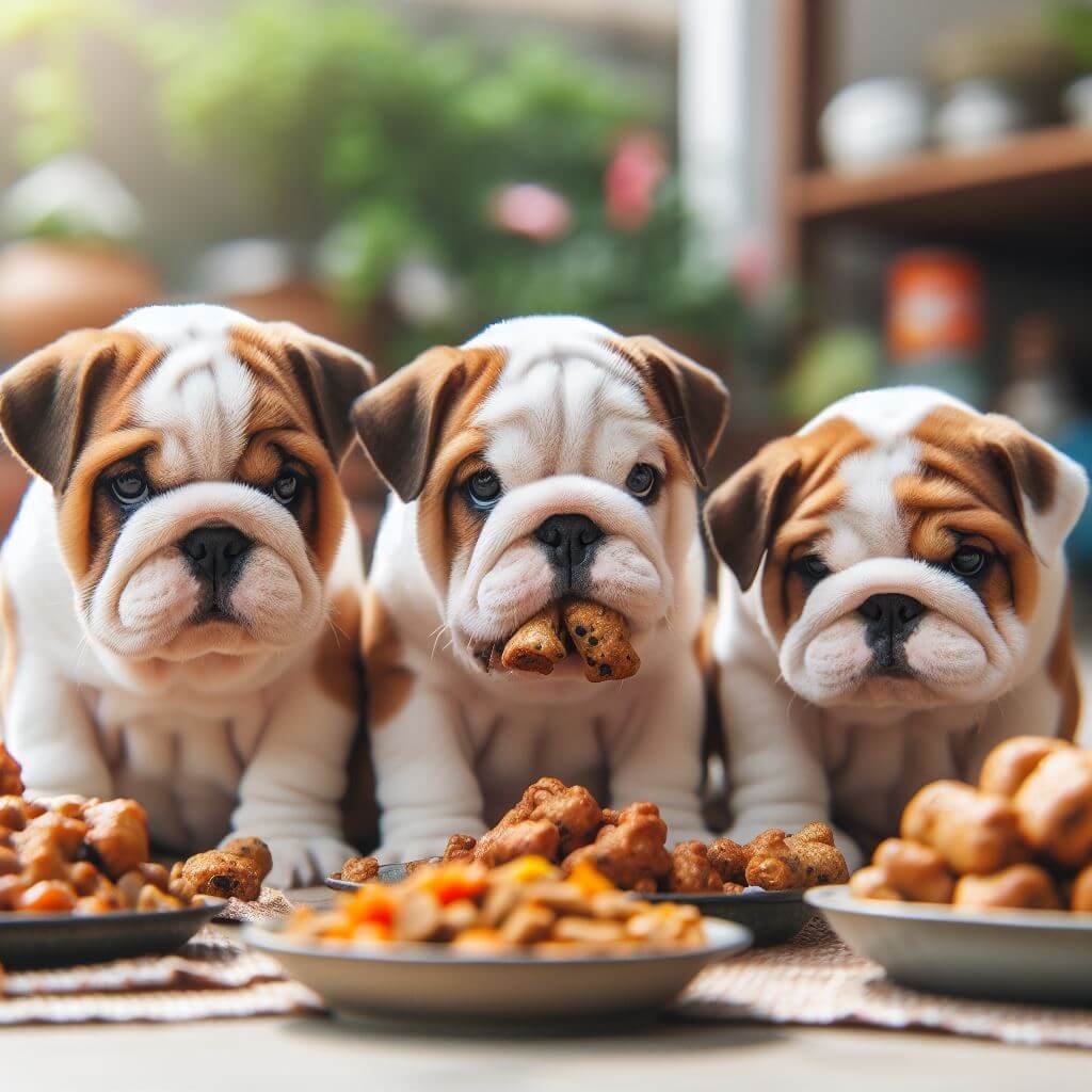 English Bulldog Pups eating Food