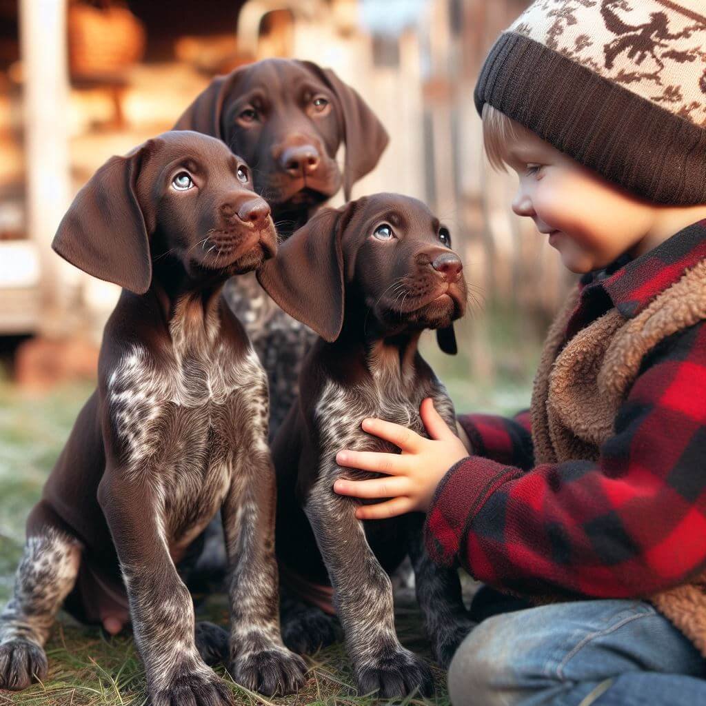 German Shorthaired Pointer Puppies playing with Child