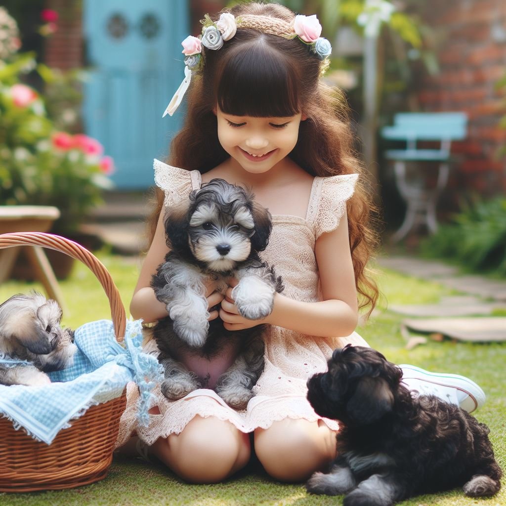 Schnoodle Puppies are playing with girl