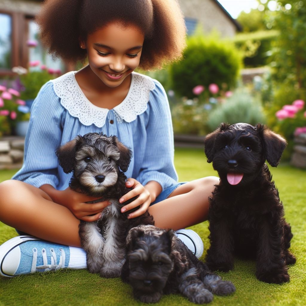 Schnoodle Puppies are seating with girl in garden
