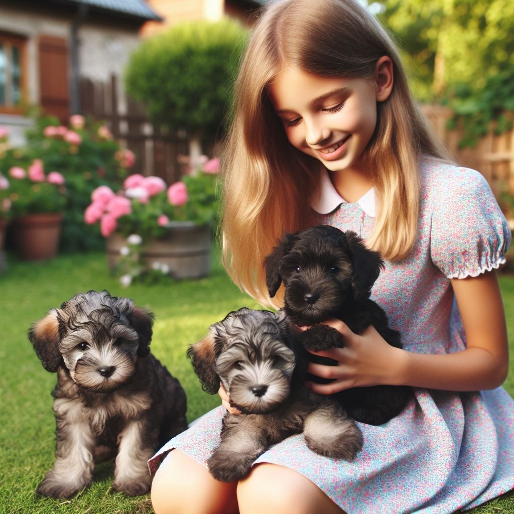 Schnoodle Puppies with girl in home garden
