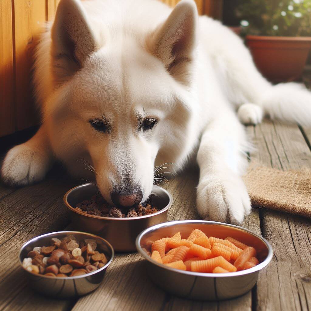 White German Shepherd Husky Mix eating food