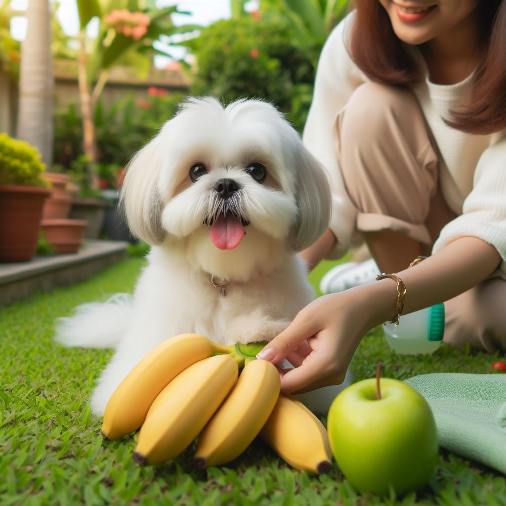 White Shih Tzu are eating healthy food