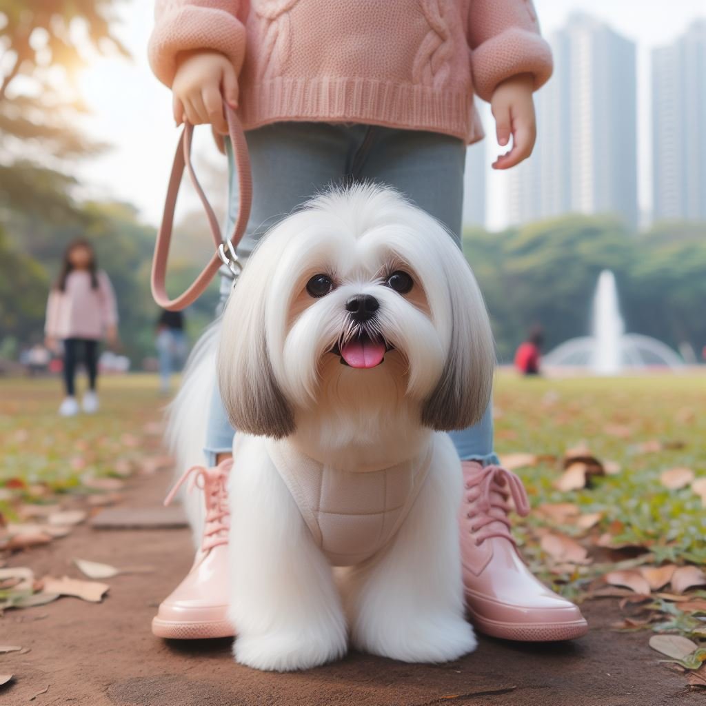 White Shih Tzu are walking with girl