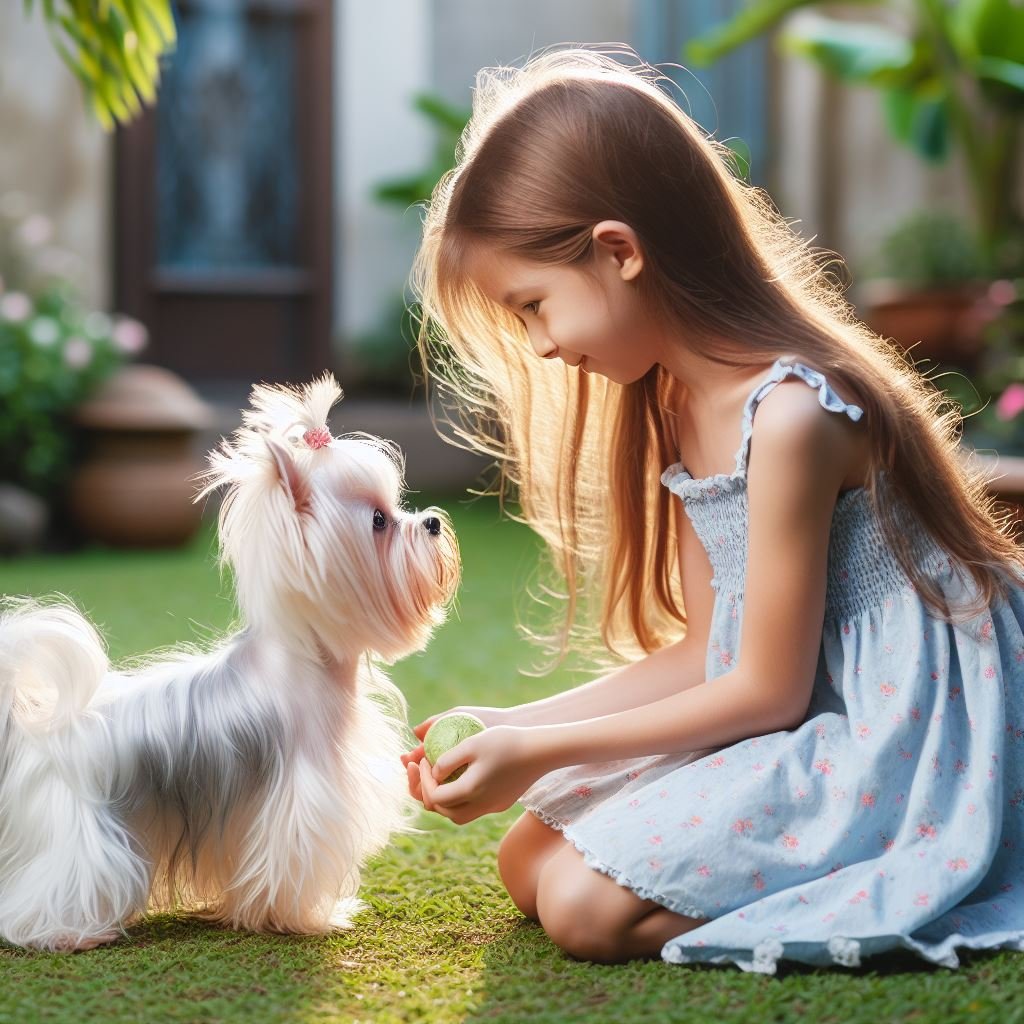 White Yorkshire Terrier are playing with girl