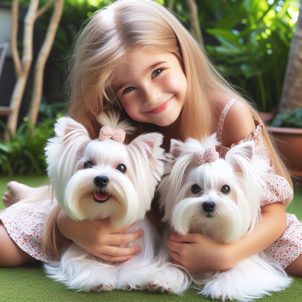 White Yorkshire Terrier are seating with girl