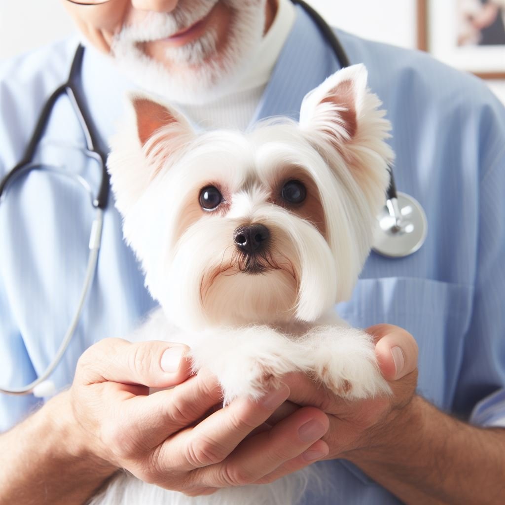 White Yorkshire Terrier with Doctor