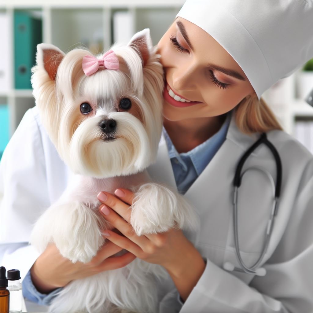 White Yorkshire Terrier with caretaker taking caring