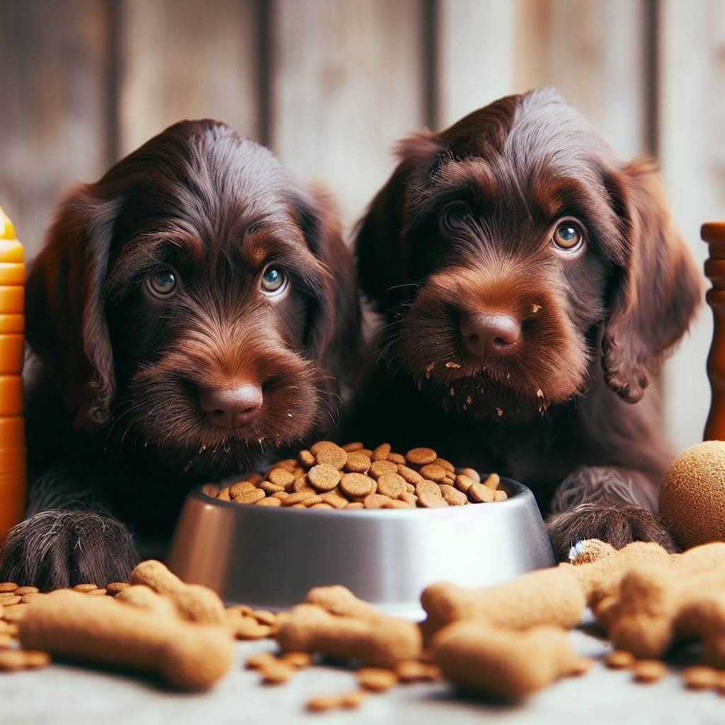 Wirehaired German Pointer Puppies eating food