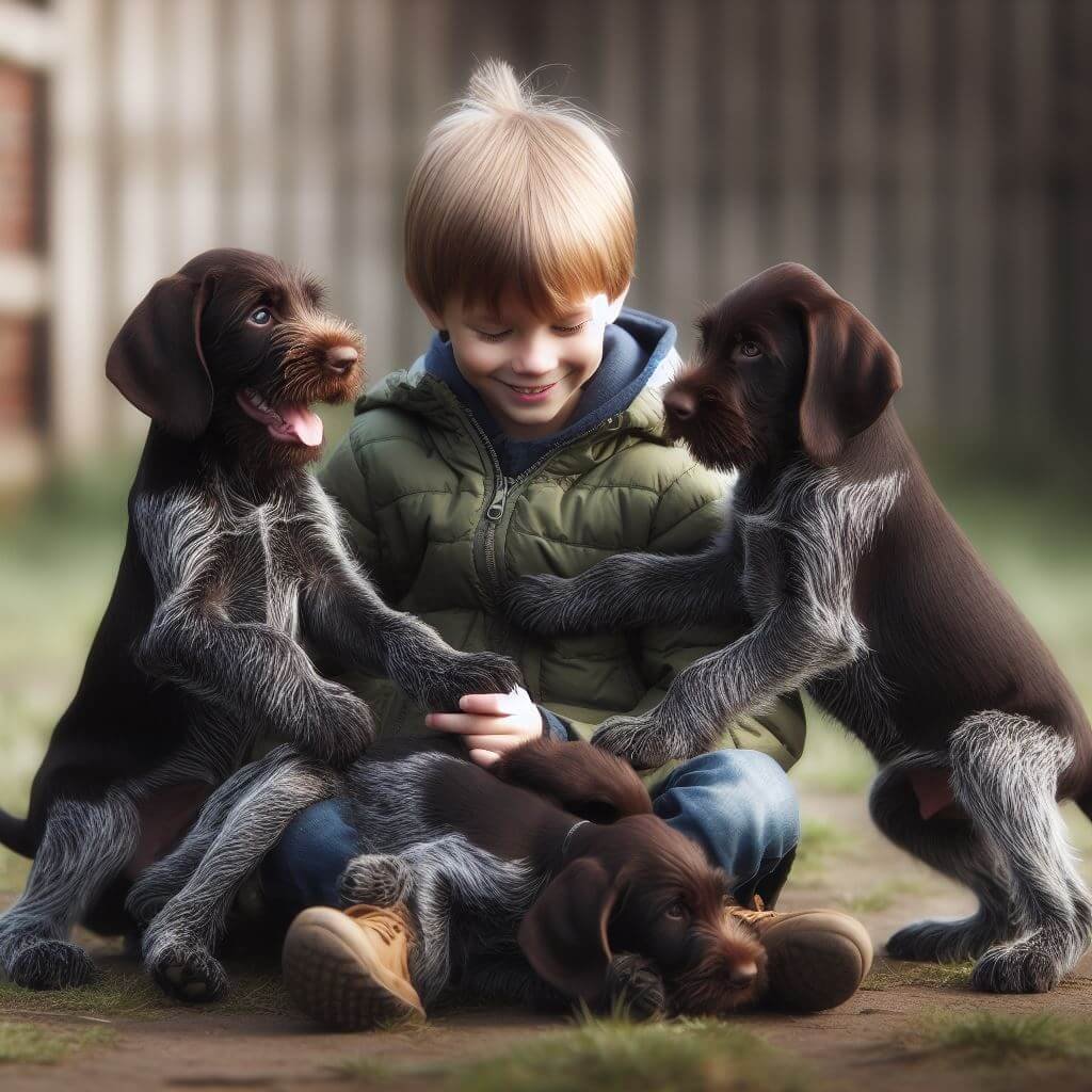 Wirehaired German Pointer Puppies playing with child